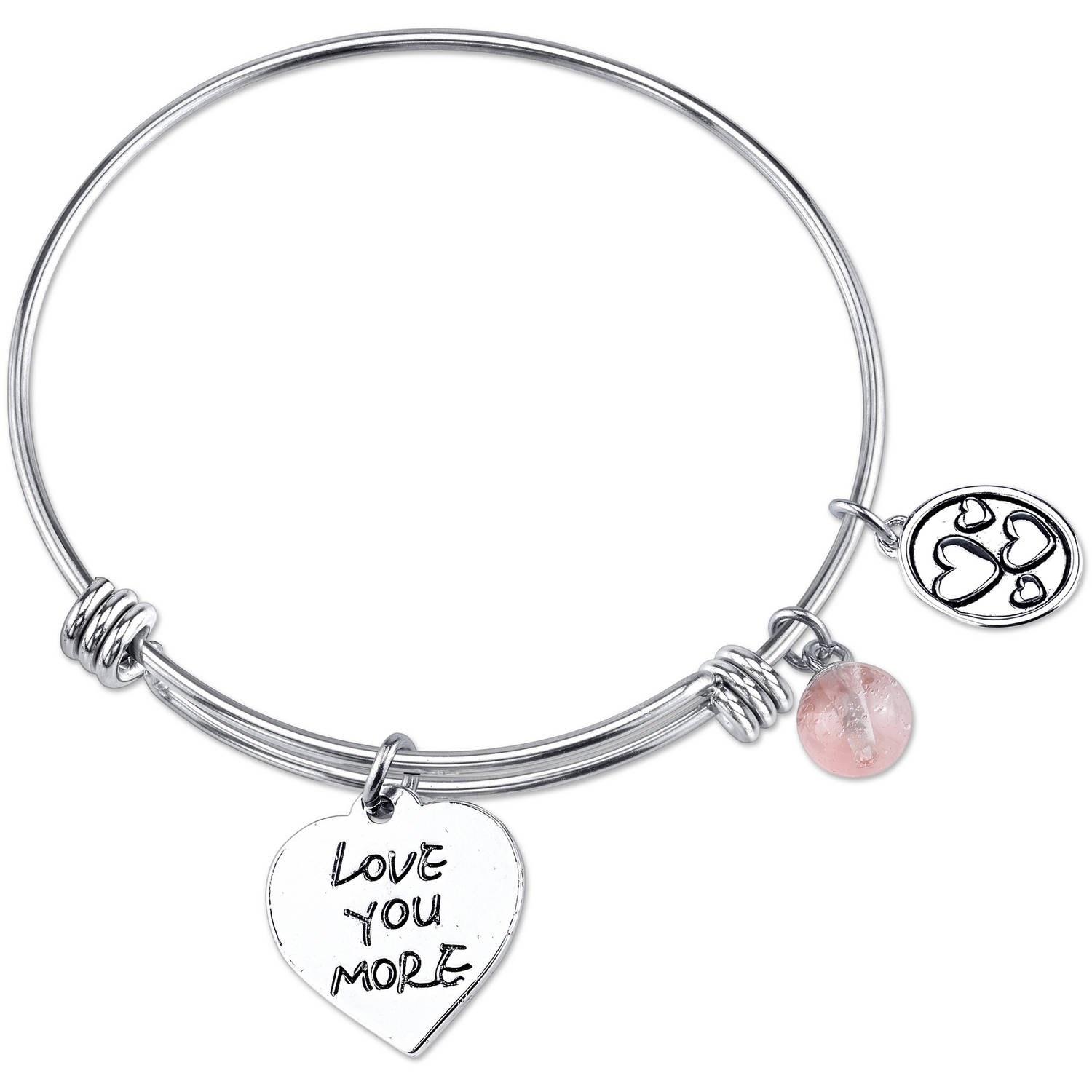 Little Luxuries 8mm Cherry Quartz and Crystal Stainless Steel "I Love You More" Heart Bead Bangle Bracelet, 8" - image 2 of 2