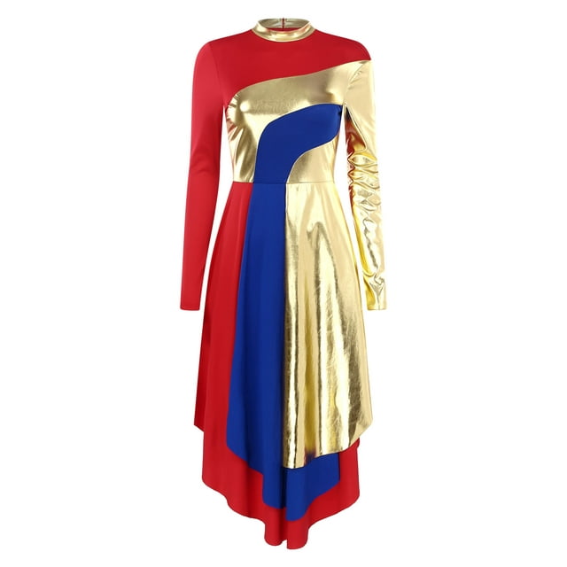 RUNQHUI Robe de Danse Or Métallique pour Femmes Robe d'Église Jupe de Culte Rouge TG