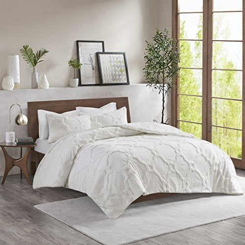 Madison Park Pacey Cotton Chenille Geometric Duvet Cover Set White King/Cal King