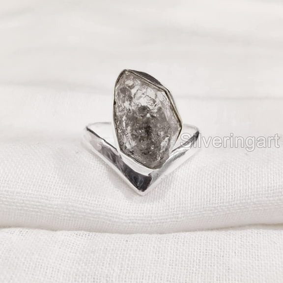 Natural Herkimer Diamond Ring, Rough Herkimer Diamond Ring, Birthstone, V Crown Band, 925 Sterling Silver, Womens Ring, Christmas, Thanksgiving, Handmade, Statement Jewelry, Rough Gemstone Jewelry