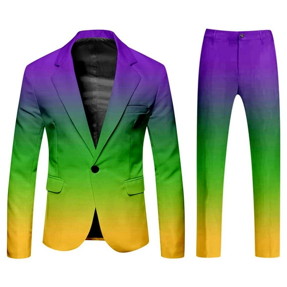 FYEGRE Men's Carnival Suit Two Piece Set Formal Attire With Purple Gold All Over Print Design Green XXL