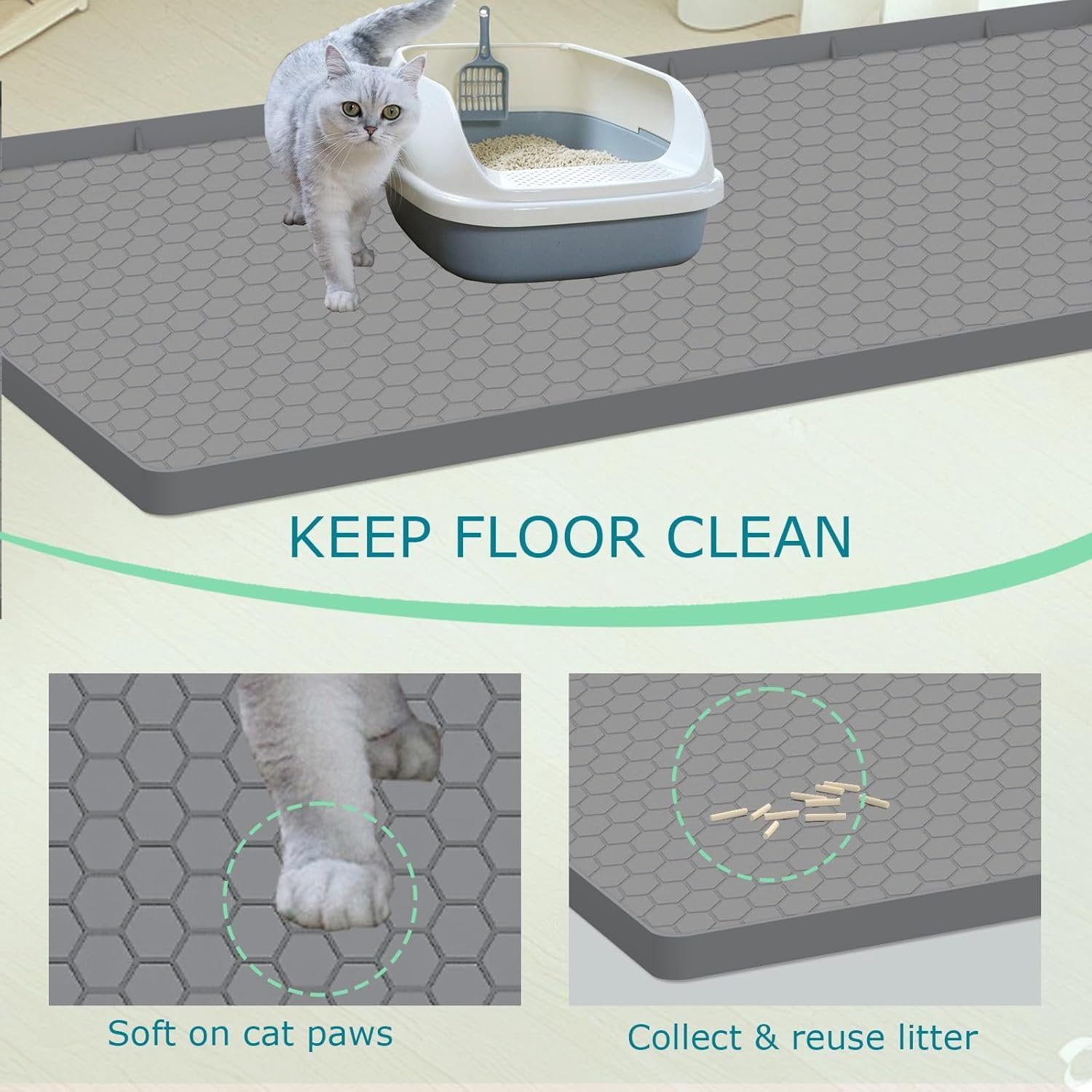 Litter Mat for Litter Box,  Large  Litter Trapping Mat - 25x19 in,  & Non-Slip, Durable & Easy Clean, Grey