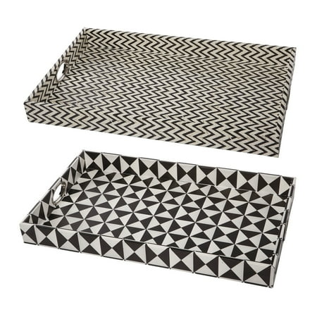 

25 Inch Decorative Black White Wood Trays Art Deco Geometric Set of 2- Saltoro Sherpi