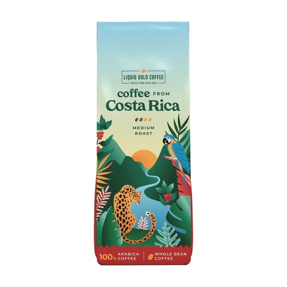 Coffee from Costa Rica , Medium Roast Whole Beans, 12 Ounce (340 Grams),  by Liquid Gold, 100% Arabica Beans, Fair Trade, Known Source Coffee