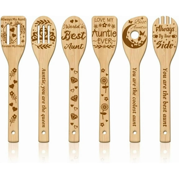 6Pcs Aunt Auntie Wooden Spoons Utensil Set Bamboo Carving Kitchen Cooking Utensils for Women and Men Wooden Engraved Cooking Spatula Set for Kitchen Fun House Warming Gift diy