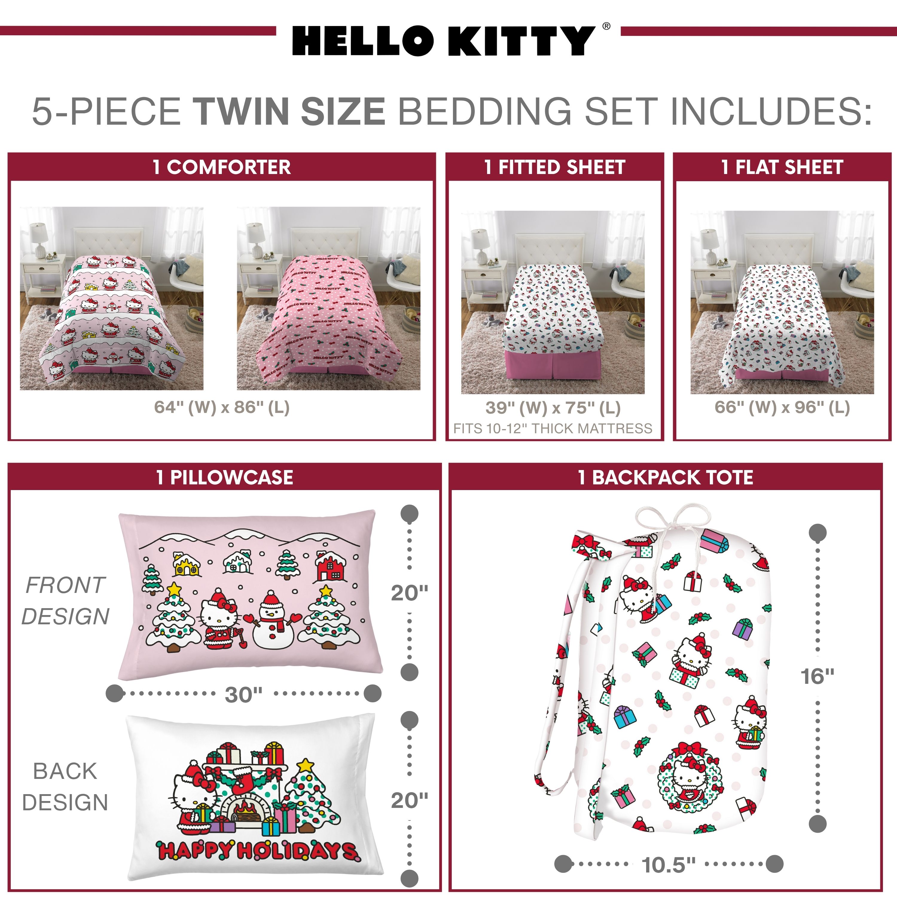 Hello Kitty Holiday Kids 5 Piece Reversible Comforter, Bed in a Bag, Twin