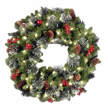 Charming 12 Inch Pre-Lit Green Artificial Christmas Wreath with White Lights Crestwood Spruce Pine Cones Berry Clusters and Snowy Branches for Winter Decoration