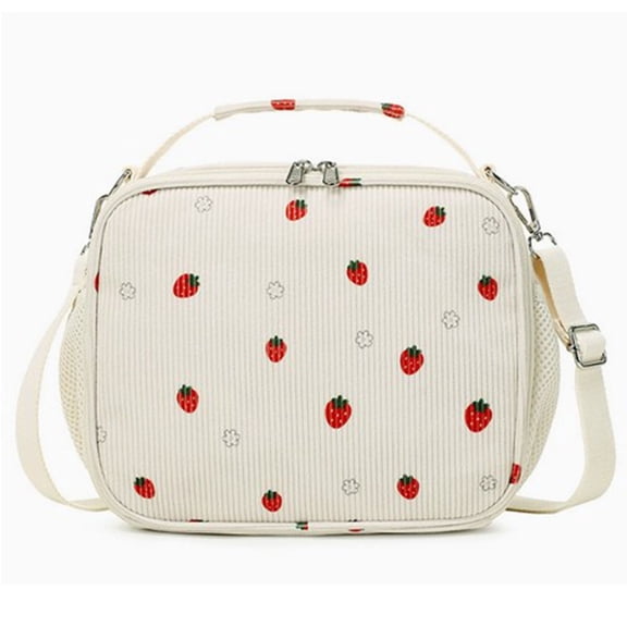 JWZZYD Insulated Lunch Box, Stylish Leak-Proof Cooler Lunch Bag with Red Strawberry Pattern- Handheld or Crossbody, Reusable Thermal Lunch Box for Work, Picnic, Travel, Beige, 1 Pack