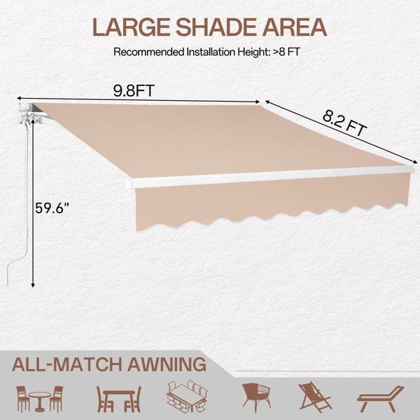 10x8FT Retractable Patio Awning – Khaki Polyester Canopy, Adjustable Slope 40°-90°, Steel-Aluminum Frame – for Decks, Patios & Commercial Shading