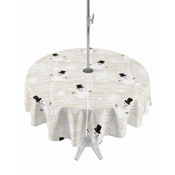 Outdoor Tablecloth with Umbrella Hole and Zipper, Rustic Christmas Round Table Cloth 60 Inch Waterproof Tablecloth, Xmas Snowman Snowflake Picnic Table Cover for Patio Camping