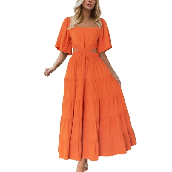 Sngxgn Women's Print A-Line Mini Dress Long Sleeves(Orange,XXL)