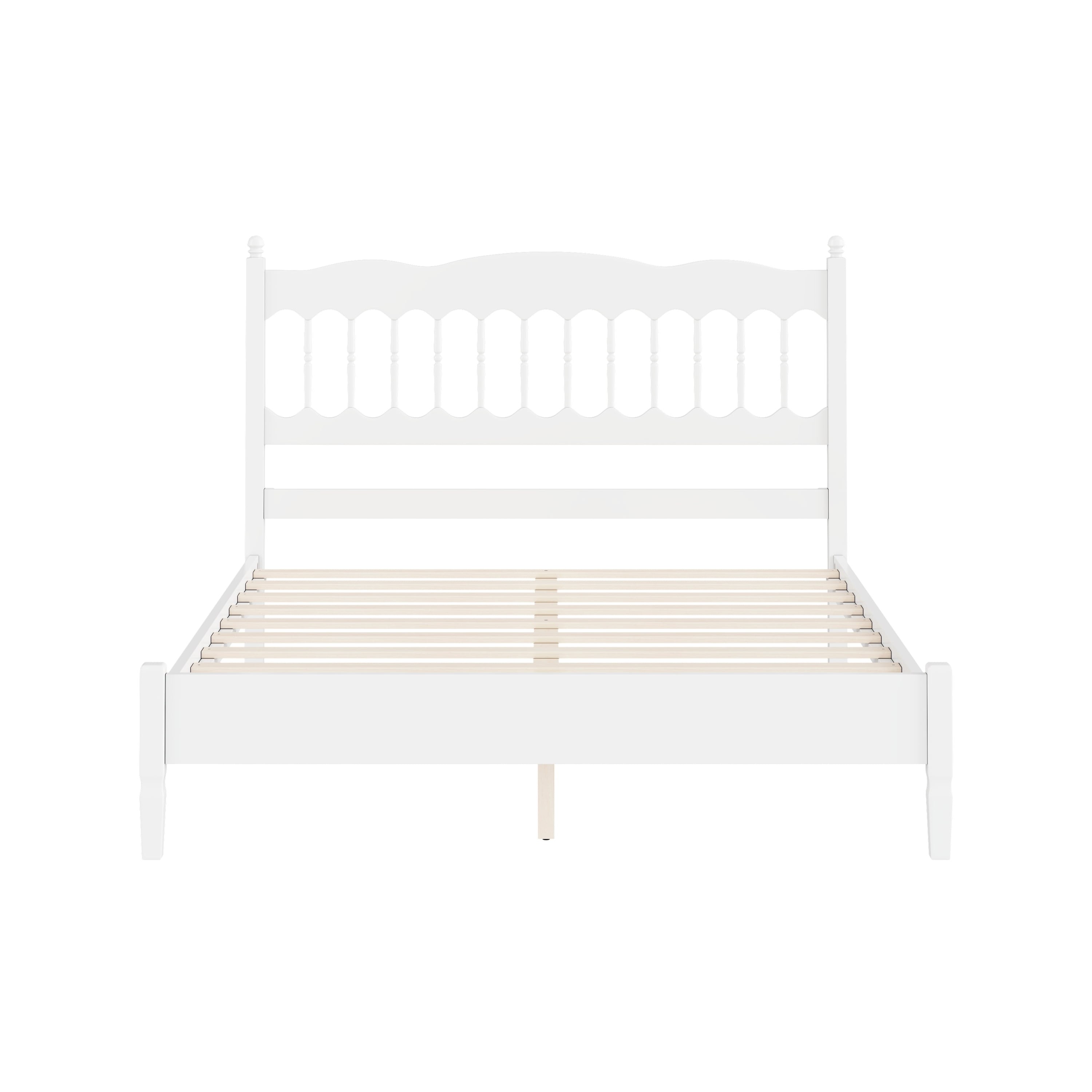 Euroco Wood Queen Size Platform Bed, Countryside Style Bed Frame with Spindle Headboard, No Box Spring Needed, White