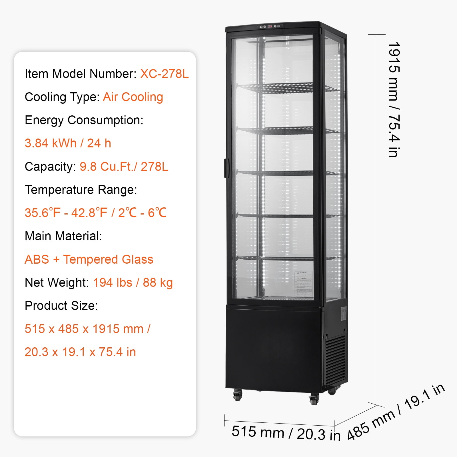 KFFKFF Refrigerated Display Case Display Refrigerator 9.8 Cu.Ft./278L 5-Level Business Display Fridge with LED Illumination Commercial Refrigerator Pastry Display Case