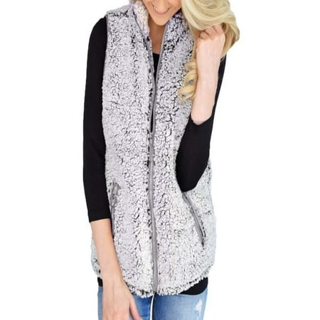 Womens Vest Winter Warm Outwear Casual Faux Fur Zip Up Sherpa Jacket GY/L