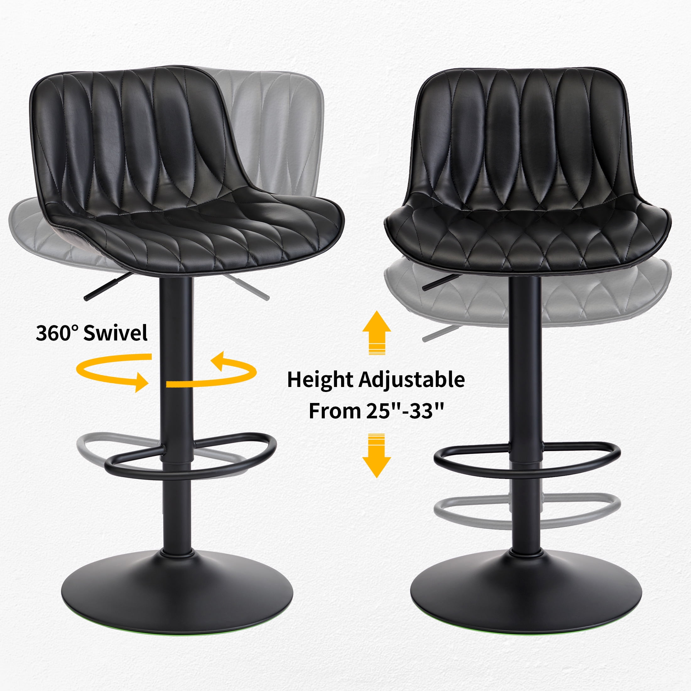 FIRAVOE Swivel Bar Stools Set of 3 (Adjustable Height 25"-33") Counter Height Bar Stools with Back, Modern Faux Leather Black Barstools for Kitchen Island
