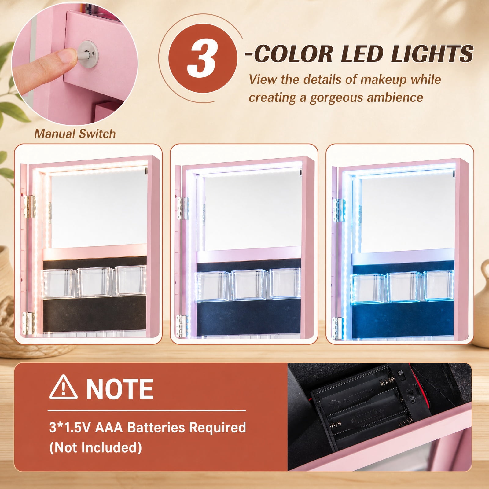 Furnibear 360° Rotating Mirrored Jewelry Cabinet Armoire 3 Color LED Modes Lockable for Bedroom Dressing Room Jewelry Necklace Rings Storage, Pink