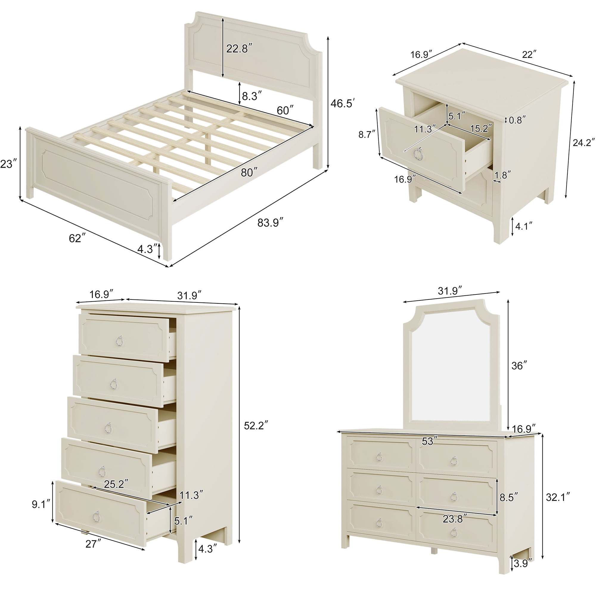Resenkos 6 Pieces Solid Wood Bedroom Furniture Set Queen Size Platform Bed, Set of 2 Nightstand Chest, Mirror and Dresser Milky White Resenkos 6 Pieces Solid Wood Bedroom Furniture Set Queen Size Platform Bed, Set of 2 Nightstand Chest, Mirror and Dresser Milky White