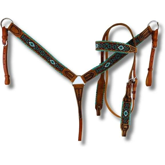 Western Premium Leather Equestrian Headstall, Breast Collar, Reins & Wither Straps - Hand-Carved Tooled Beaded Design