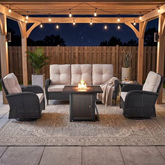 Gymojoy 5-Piece Patio Set with 30" Propane Fire Pit Table, 2 Swivel Chairs, 3-Seat Sofa and Side Table