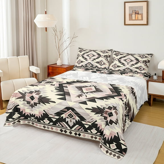 Manfei Ancient bohemian Aztec Twin Sheet Sets,Boho Tribal Gemetric Twin Fitted Sheet,Beige Black Gray Flat Sheet For Men Women,Super Cozy Room Decor,3-Piece