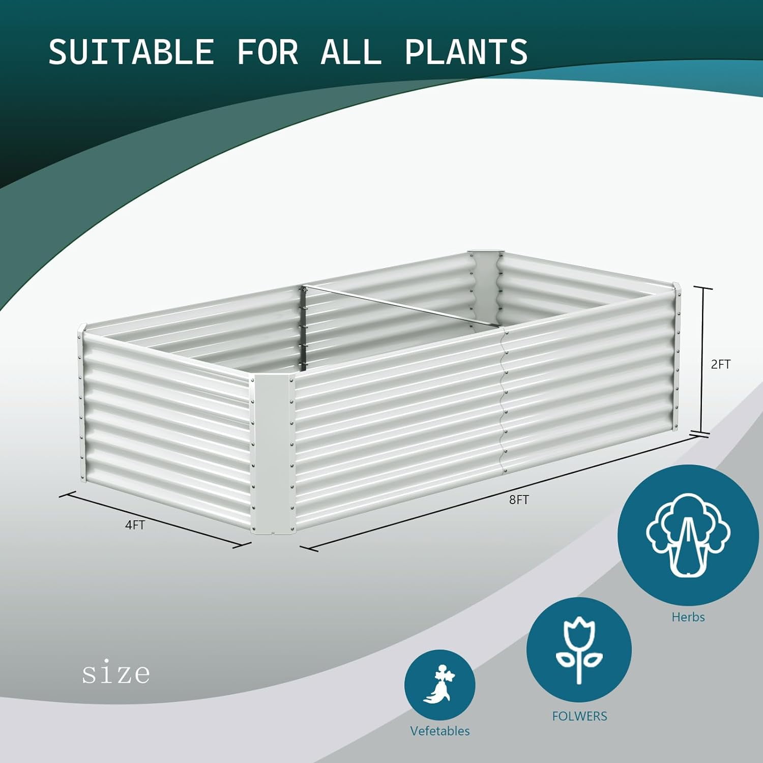8x4x2ft Galvanized Metal Raised Garden Bed for Vegetables, Outdoor Garden Raised Planter Box, Backyard Patio Planter Raised Beds for Flowers, Herbs, Fruits (White)