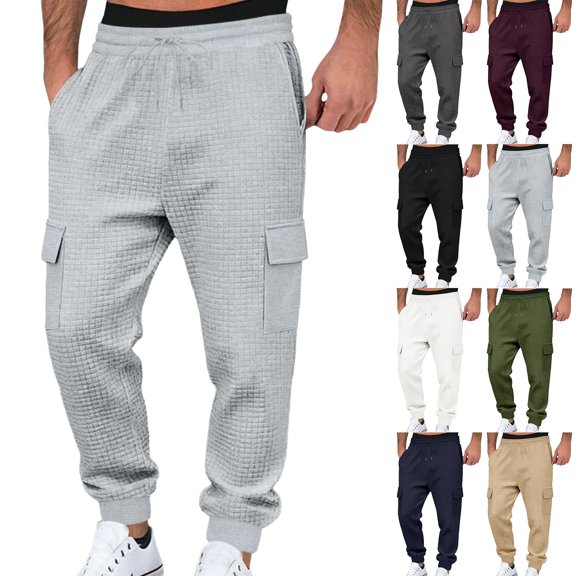 Men’s Heavyweight Cargo Sweatpants Elastic Waist Baggy Plaid Texture Jogger Trousers Fall Winter