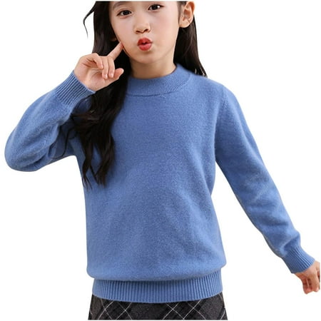 

LNWUY (3-14 Year) Children s Fashion Solid Color Thickened High Lapel Bottoming Shirt Long Sleeve Round Neck Casual Top Blue 170