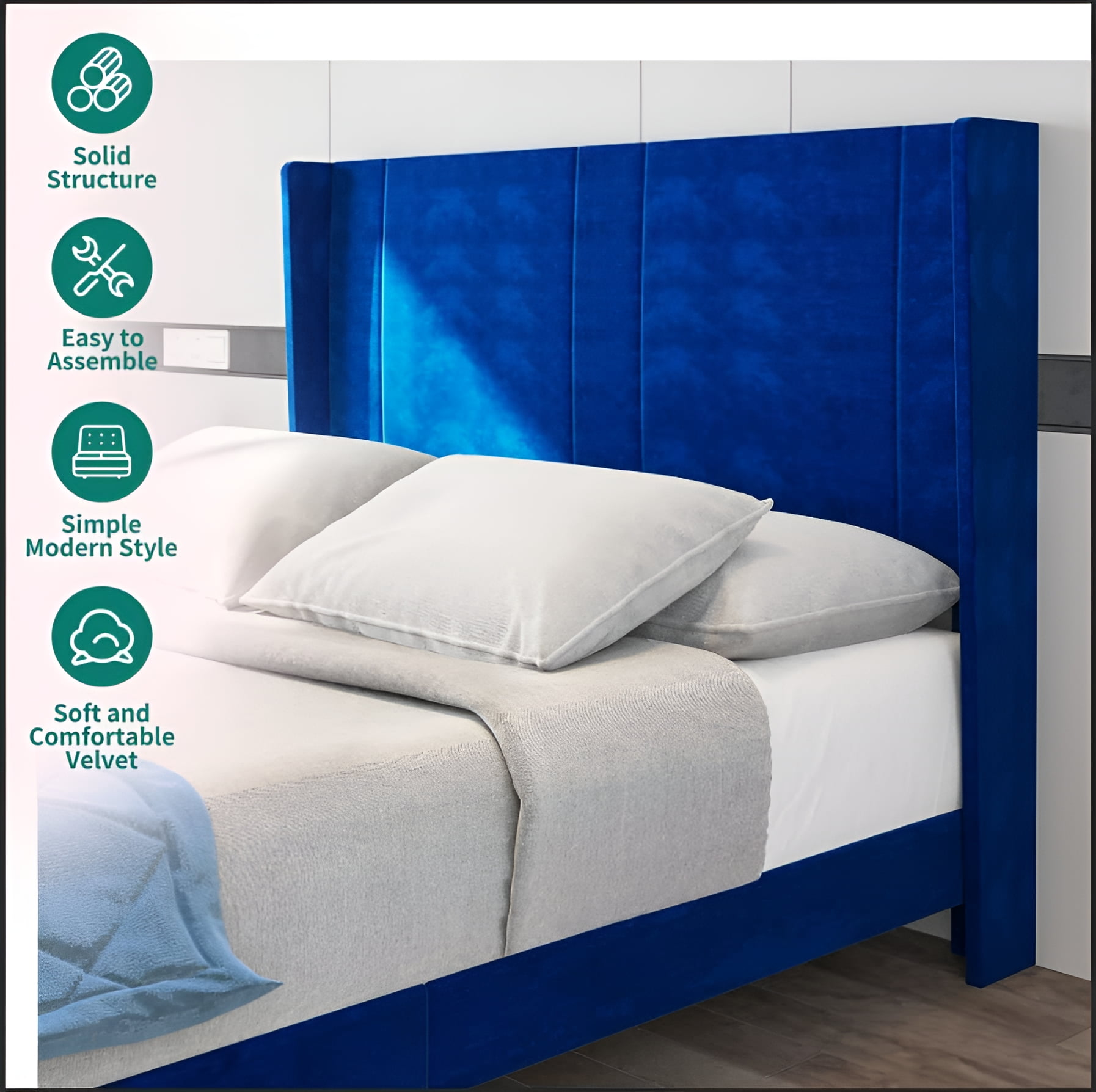 Dextrus Upholstered Wingback Platform Bed with Navy Blue Velvet Headboard(Full)
