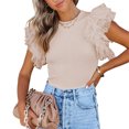 thumbnail image 1 of Camiseta de manga corta para mujer, cuello redondo, corte ajustado, costura de encaje, Top de verano para citas, compras, albaricoque M, 1 of 5
