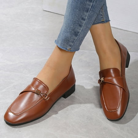 

Mishuowoti casual shoes for women 2023 Ladies Fashion Solid Color Leather Metal Button Round Head Leather Shoes Flat Casual Shoes