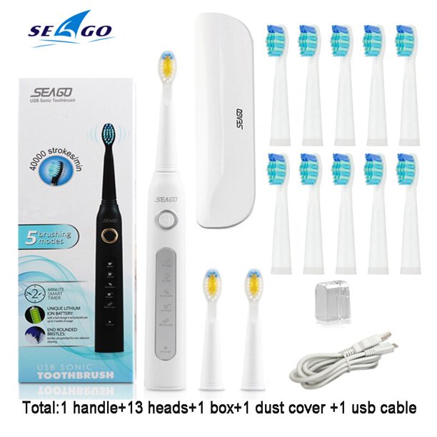 Seago Sonic cepillo de dientes eléctrico SG-507 para adultos cepillo con temporizador 5 modos Micro USB recargable cepillo de dientes conjunto de cabezales de repuesto Tan Jianjun unisex