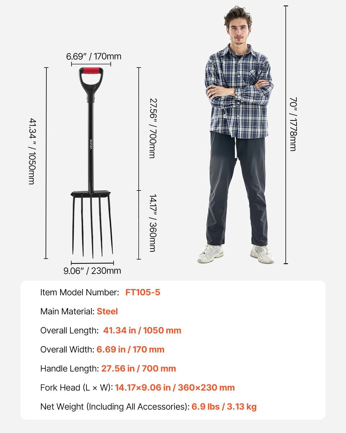 5 Tines Garden Fork Tool, 41 Inch Heavy Duty Spading Pitchfork with Metal Handle and Y Grip, Durable Non-Slip Digging Fork for Farming, Gardening, Soil Turning, Barn Work, and Landscaping Tasks