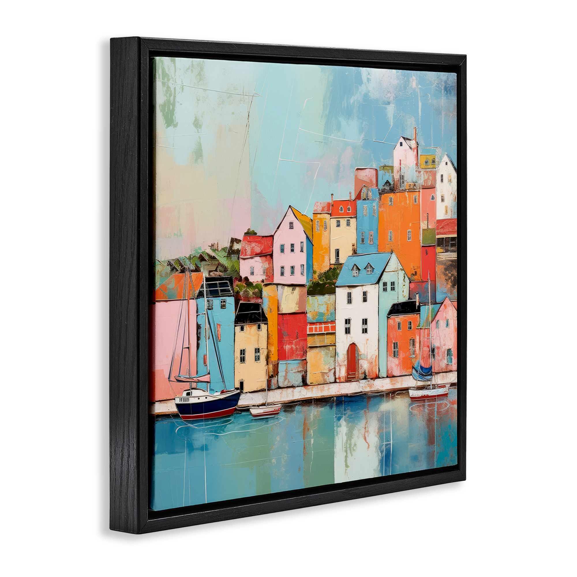 Stupell Industries Seaside Neighborhood Painting Transportation Painting Black Floater Framed Canvas Art Print Wall Art, 25 x 25