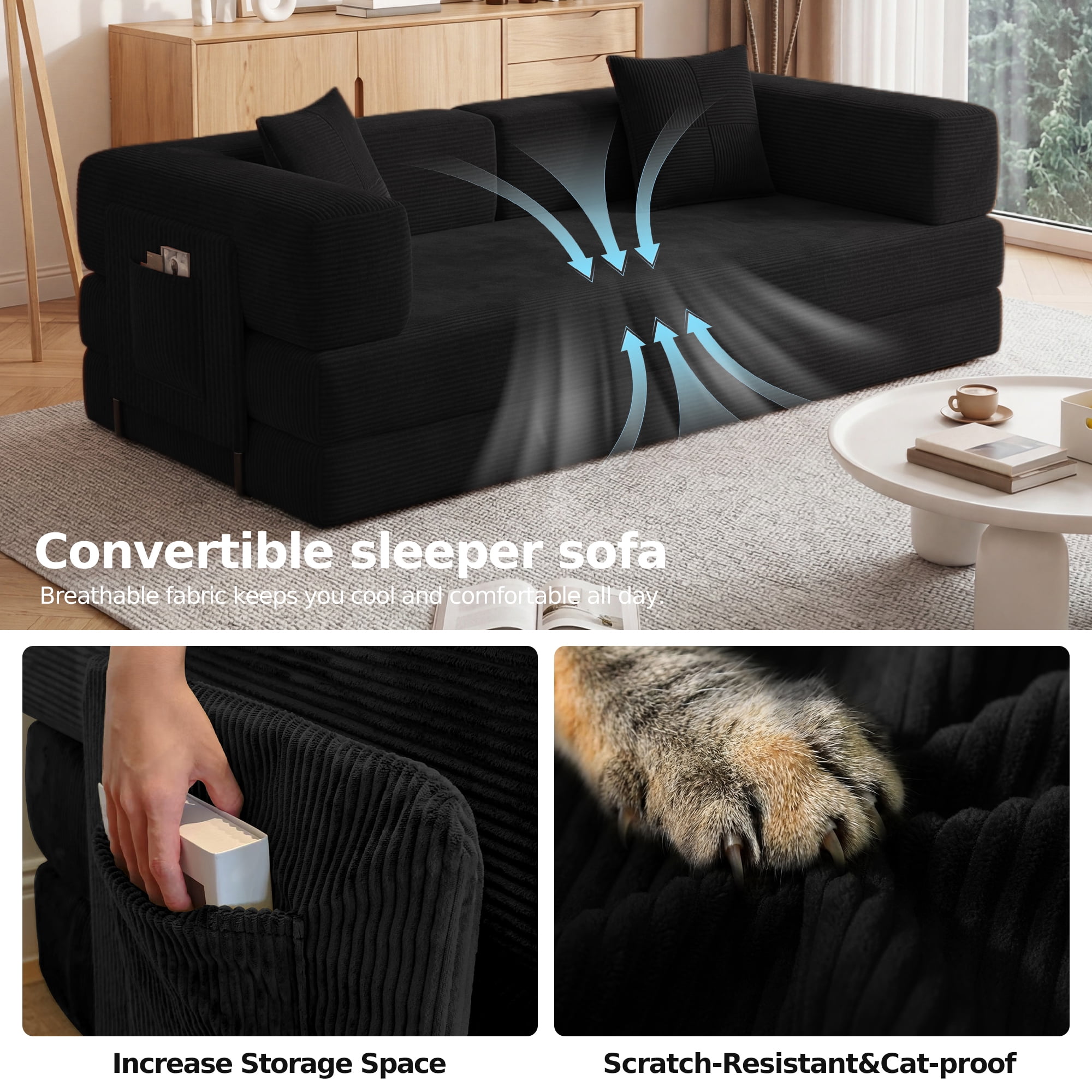 GARITIN Convertible Sleeper Sofa Bed 79 Inch, 5 in 1 Chenille Floor Sofa with High Density Foam and Side Pockets for Living Room, Black