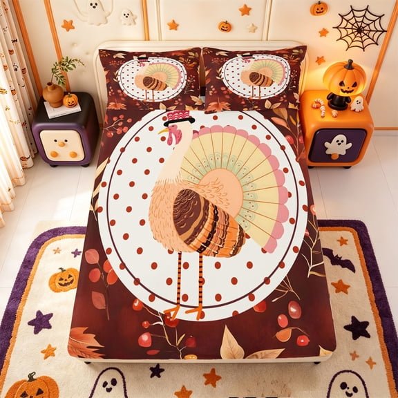 Manfei Colorful Fall Leaf Pattern Fitted Sheet Full,Thanksgiving Turkey Print Bed Set,3pcs,1 Fitted Sheet and 2 Pillowcases