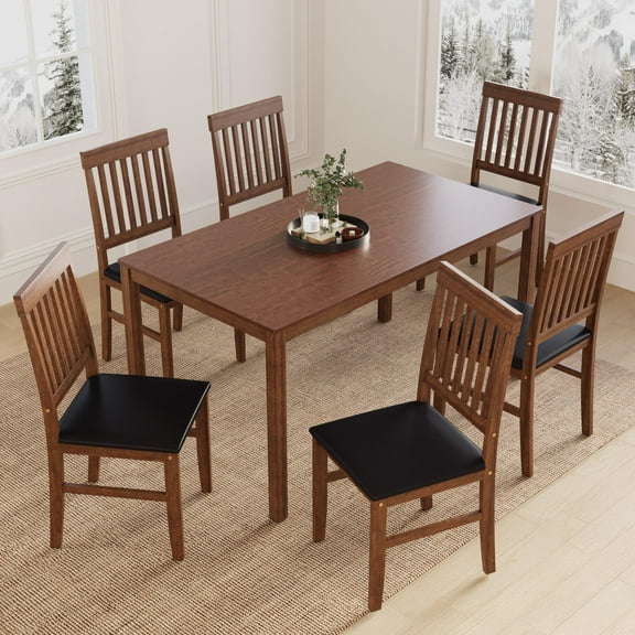 Heynemo 7-Piece Dining Set, Compact Kitchen Room Table Set with 6 Chairs, Modern Dinette Table Set for Dining Room, Living Room, Home Office, Terrace, Courtyard, 300LBS & 350LBS Capacity, Brown