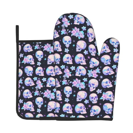 

Junzan crystal flower Skull Pattern Oven Mitts and Pot Holders 2 pcs Set Potholders BBQ Gloves Long Kitchen Oven Glove for Cooking Baking Grilling (2-Piece Set 11 Inch)