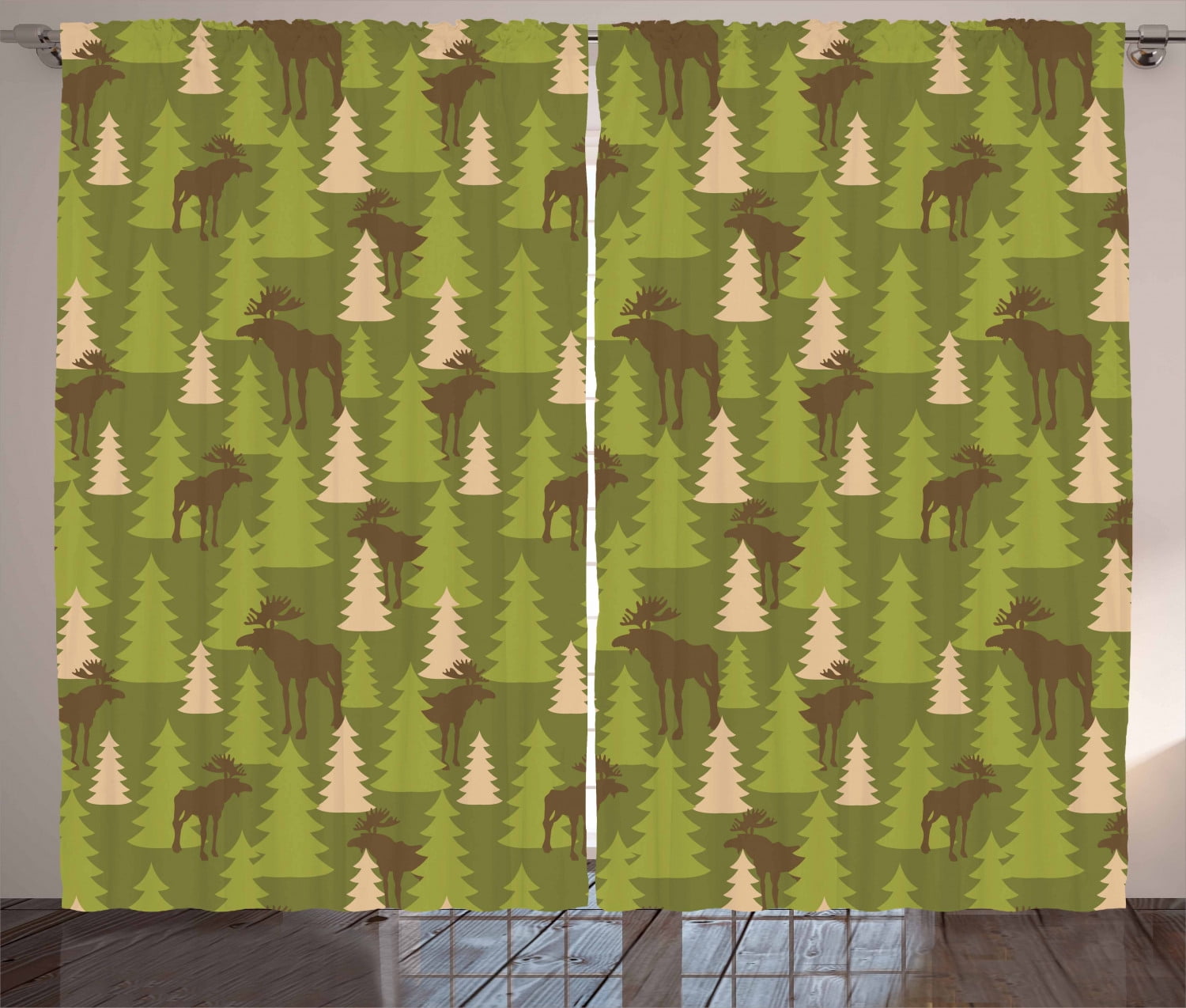 Deer Curtains 2 Panels Set, Animals in the Forrest Mooses and Pine