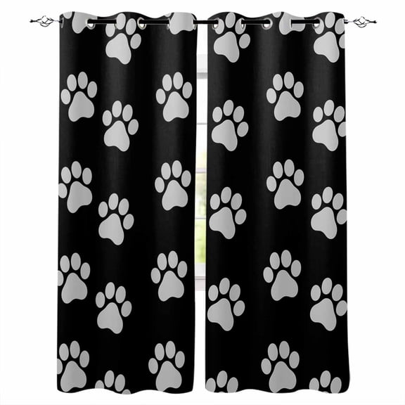 Pet Paw Printed Blackout Curtains 45 Inches Long, Kitchen Black Out Window Treatments, Modern Dog Footprints Black Grey Thermal Insulated Lined Drapes for Small Window with Grommet 42"x45"