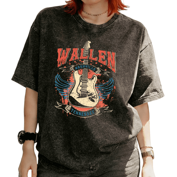Cozymy Women's Wallen Nashville Tennessee Country Music Guitar Graphic Washed Short Sleeve T-Shirt Relaxed Fit