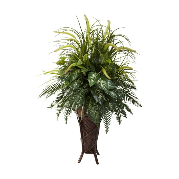 Nearly Natural Mixed Greens and Cattails Silk Plant with Stand