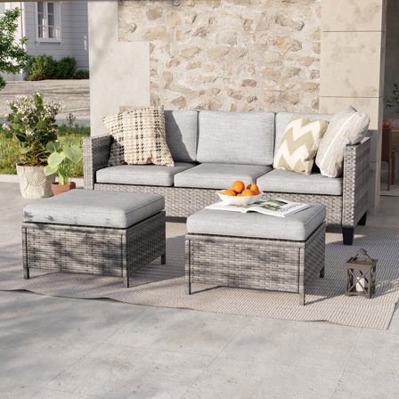ACEGOSES 3-Piece Patio Sofa Set Rattan Outdoor Furniture Set Three-Seat Sofa Ottomans Suiting Backyard, Poolside and Patio,Light Gray