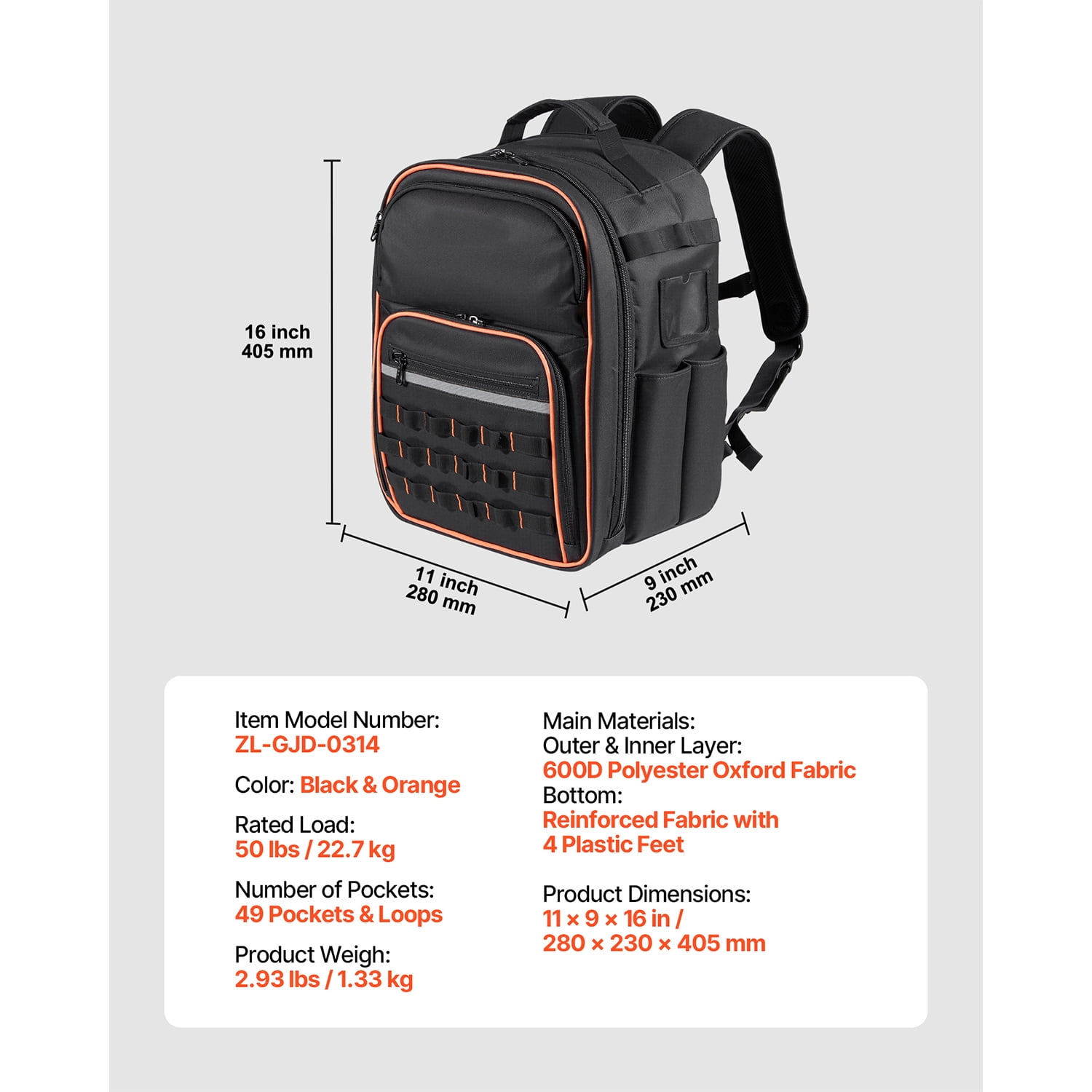 KFFKFF Tool Backpack with 49 Pockets, Durable Storage Organizer for Tools, Work Bag with Laptop Slot and Reinforced Base, Ideal for Electricians and Repair Technicians
