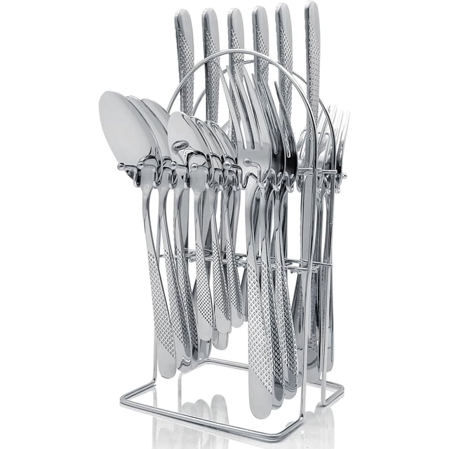 Silverware Set, 24 Pieces Flatware Set with Silverware Holder, Stainless Steel Knives and Forks and Spoons Cutlery Set Service for 6, Utensil Tableware Set with Antiskid Handle (Gold Silver)