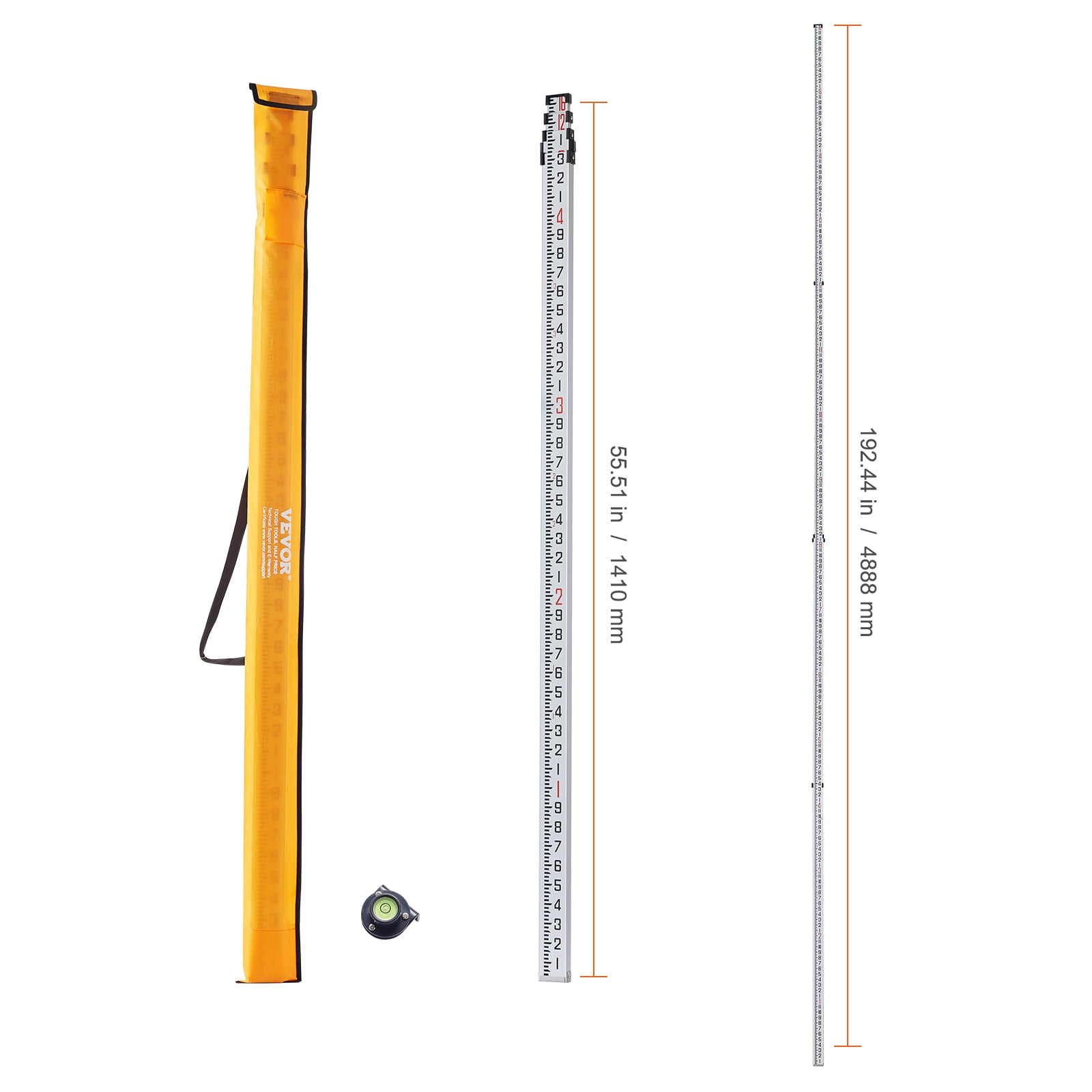 VEVOR Aluminum Grade Rod,16-Feet/10ths 4 Sections Telescopic Measuring Rod,Double-Sided Scale 1/10ft Leveling Rod Stick,Aluminum Alloy Survey Rod w/ Bubble Level &Carrying Bag for Houses,Walls,Floors