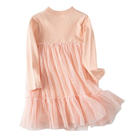 

Kids Toddler Baby Girls Knit Autumn Winter Solid Tulle Long Sleeve Princess Dress Clothes Teen Girls Dresses