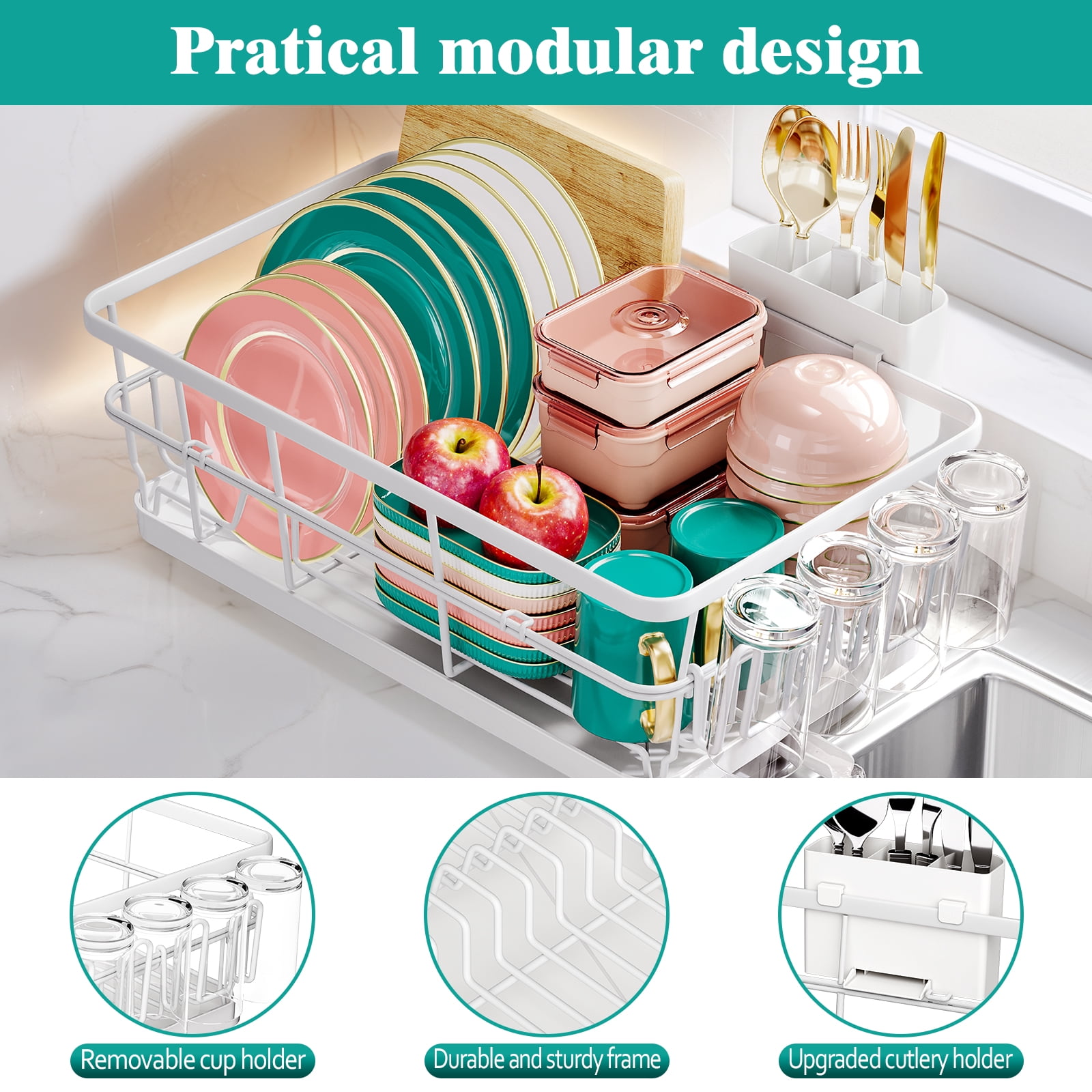 BEHERZT Large Dish Drying Racks with Drainboard,Countertop Dish Rack, Kitchen Sink Dish Rack,  Stainless Steel, White