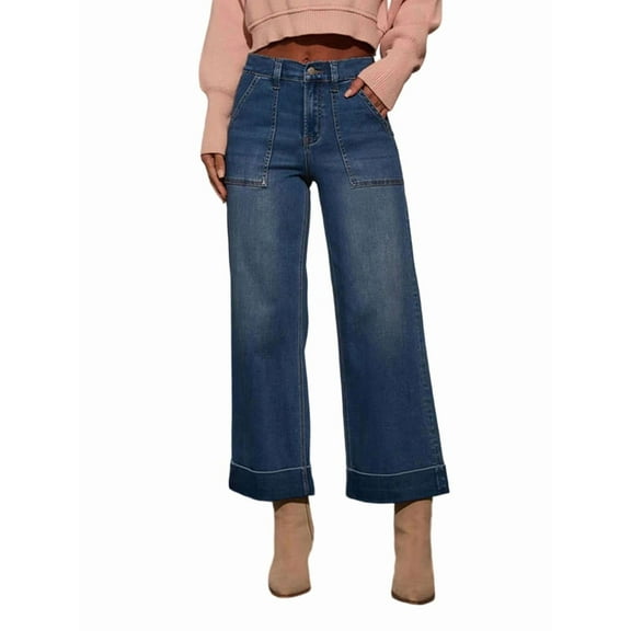 Womens High Waist Wide Leg Jeans Trendy Cropped Denim Pants Solid Ankle Length Stretchy Jeans with Pockets Blue XL