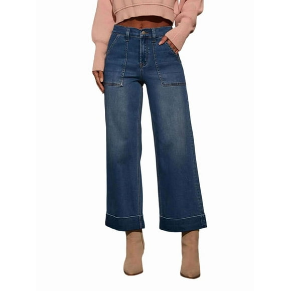 Pantalones Vaqueros de Cintura Alta y Pierna para Mujer, Modernos, de Mezclilla Recortada, Elásticos, Hasta el Tobillo, con Bolsillos. Azul XXL