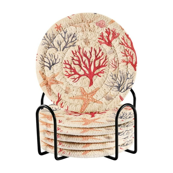 Yayeee 6 PCS Drink Coasters with Holder Set Woven Absorbent Round Tabletop Hot Pad, Retro Starfish